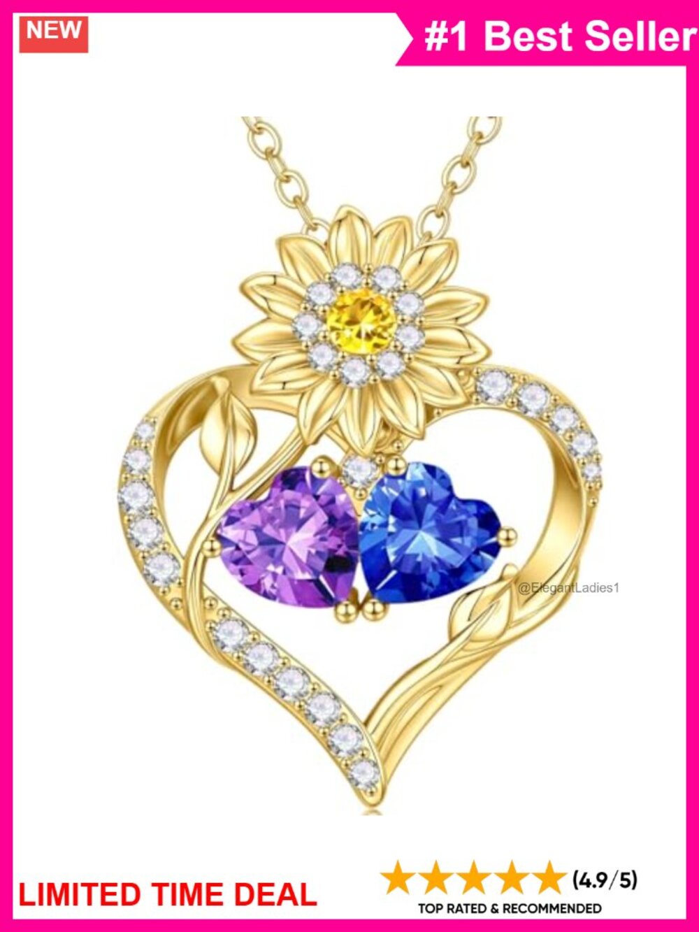 14k Gold Plated Sunflower Double Birthstone Necklace